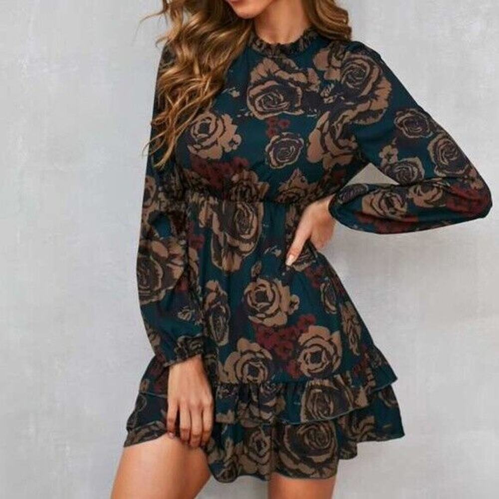 Floral Dress Mock Neck Lantern Sleeve Ruffle Hem Floral Dress Size Large